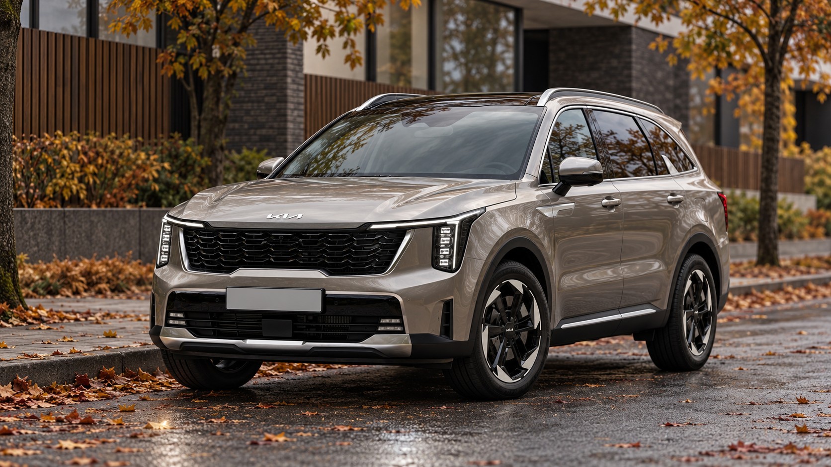 Иллюстрация обновлённого Kia Sorento на осенней городской улице
