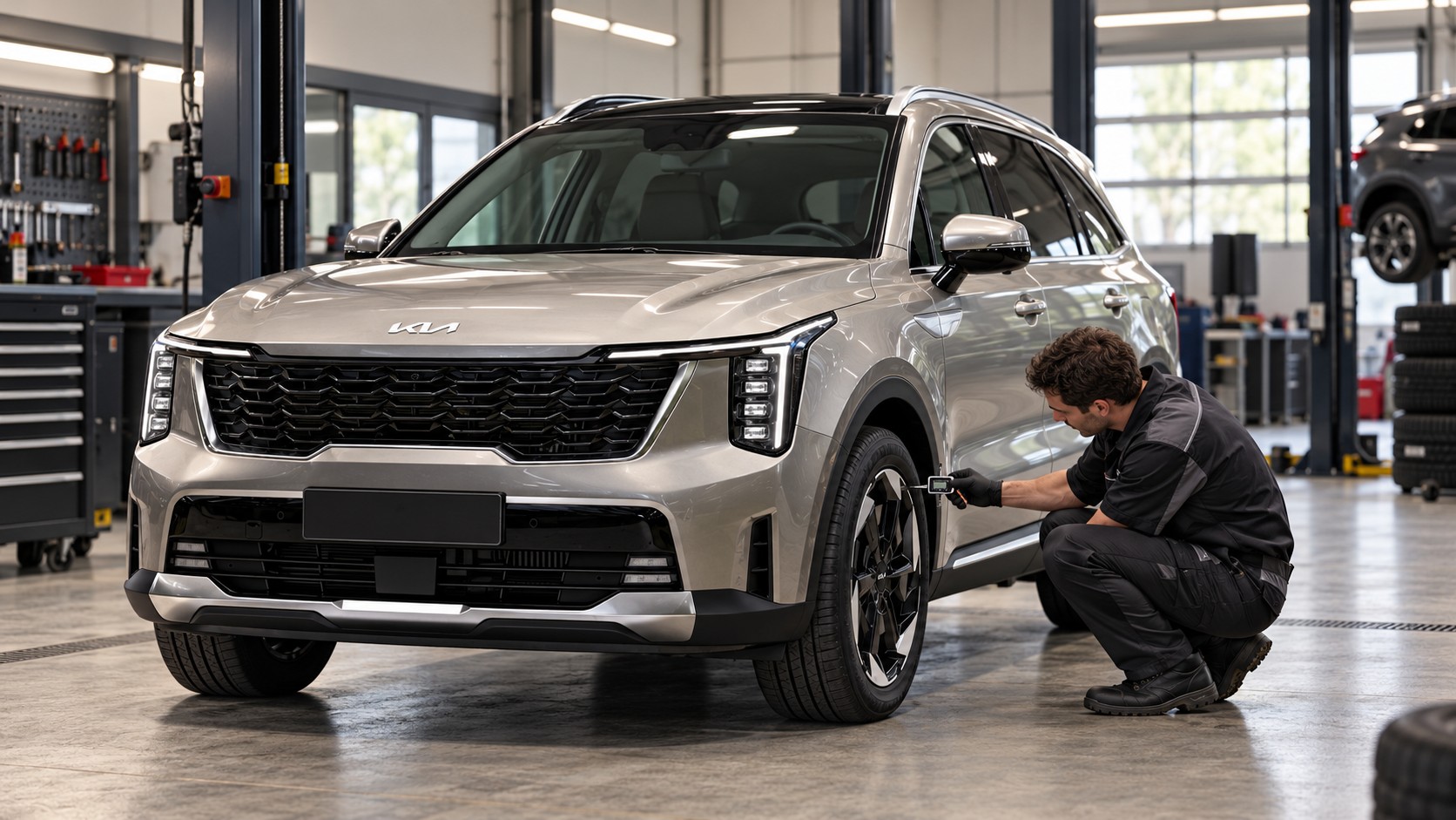 Иллюстрация проверки Kia Sorento в автомобильном сервисе