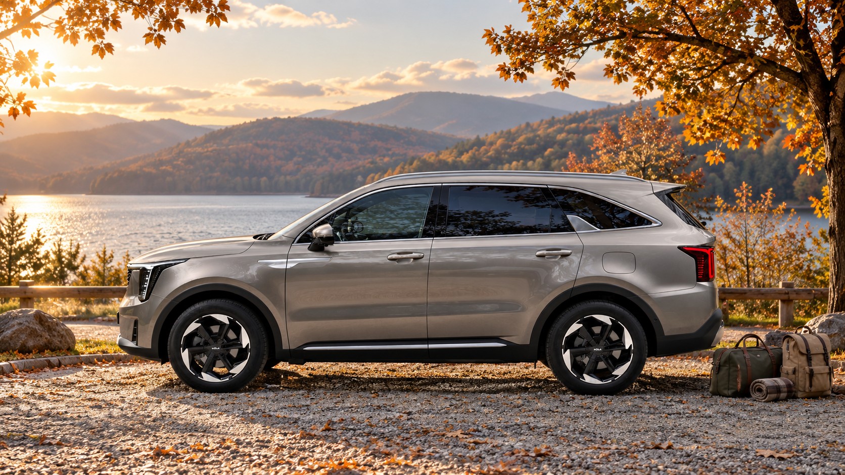Иллюстрация Kia Sorento у озера во время осеннего путешествия