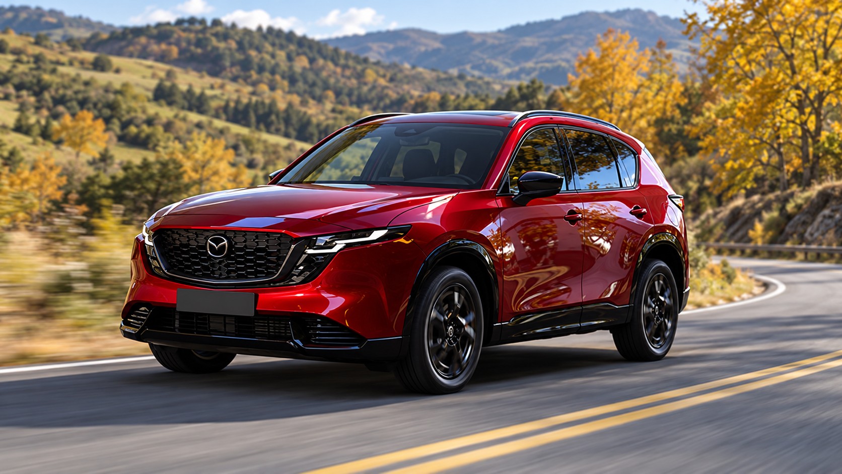 Иллюстрация Mazda CX-5 третьего поколения на загородной дороге
