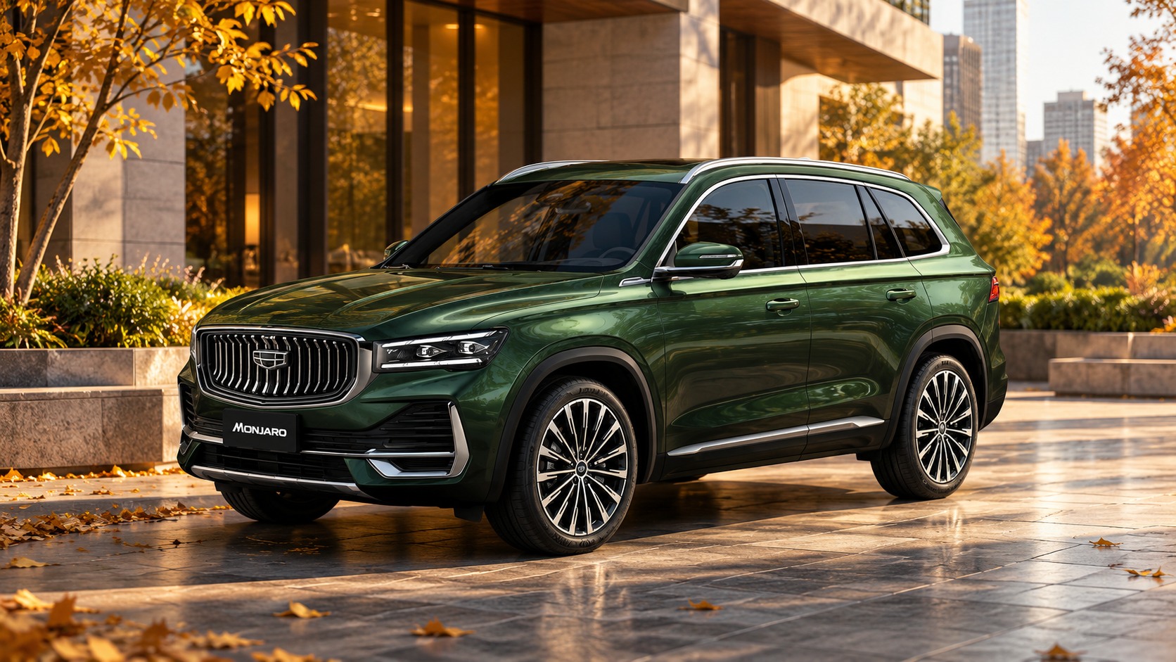 Зелёный Geely Monjaro, вид спереди и сбоку