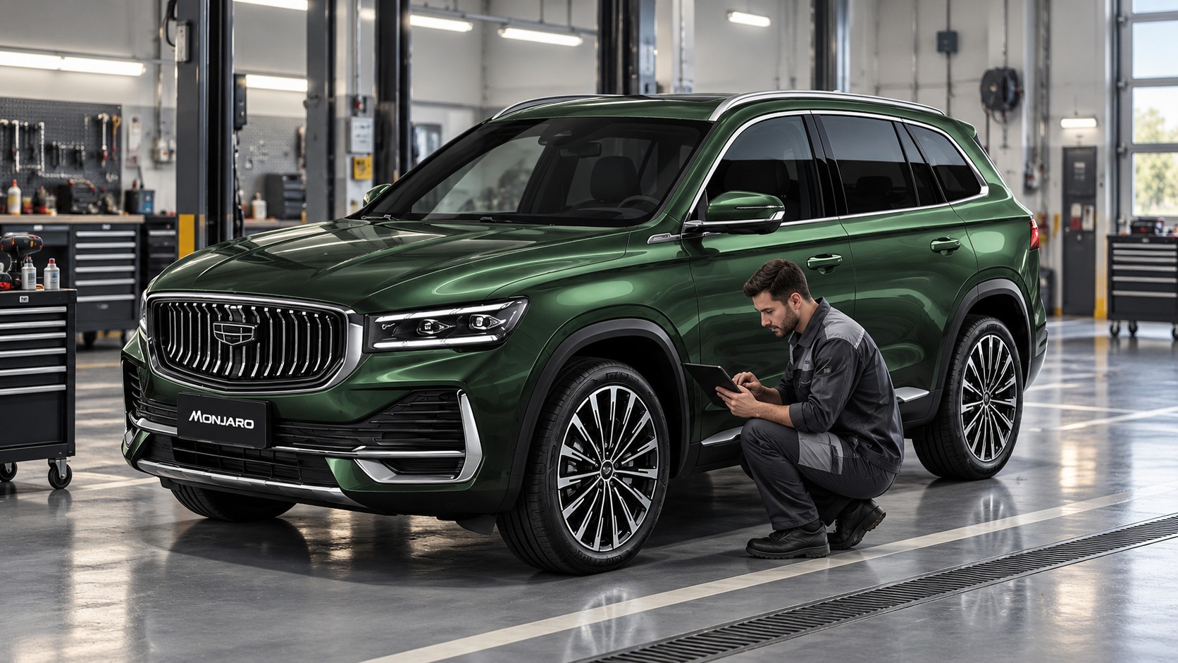 Geely Monjaro в сервисе во время проверки истории обслуживания