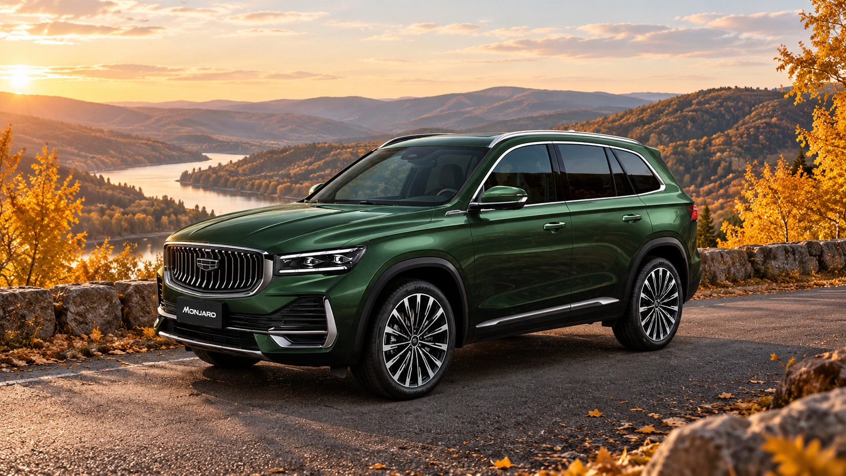 Geely Monjaro на загородной дороге осенью