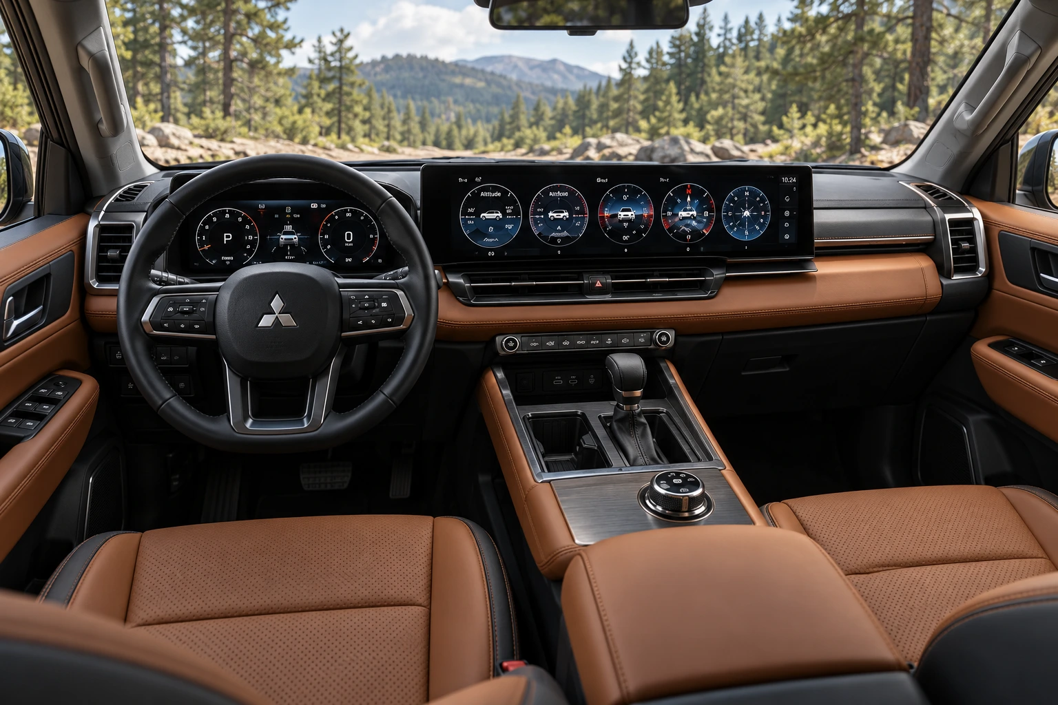 ИИ-визуализация салона Mitsubishi Pajero с коричневой отделкой, цифровыми экранами и селектором полного привода