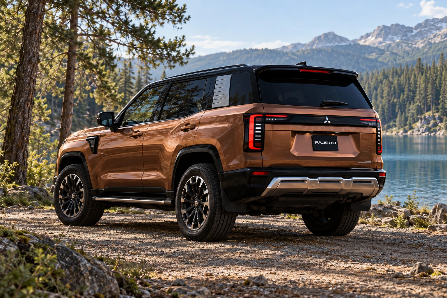 ИИ-визуализация нового Mitsubishi Pajero: вид сзади в три четверти у озера