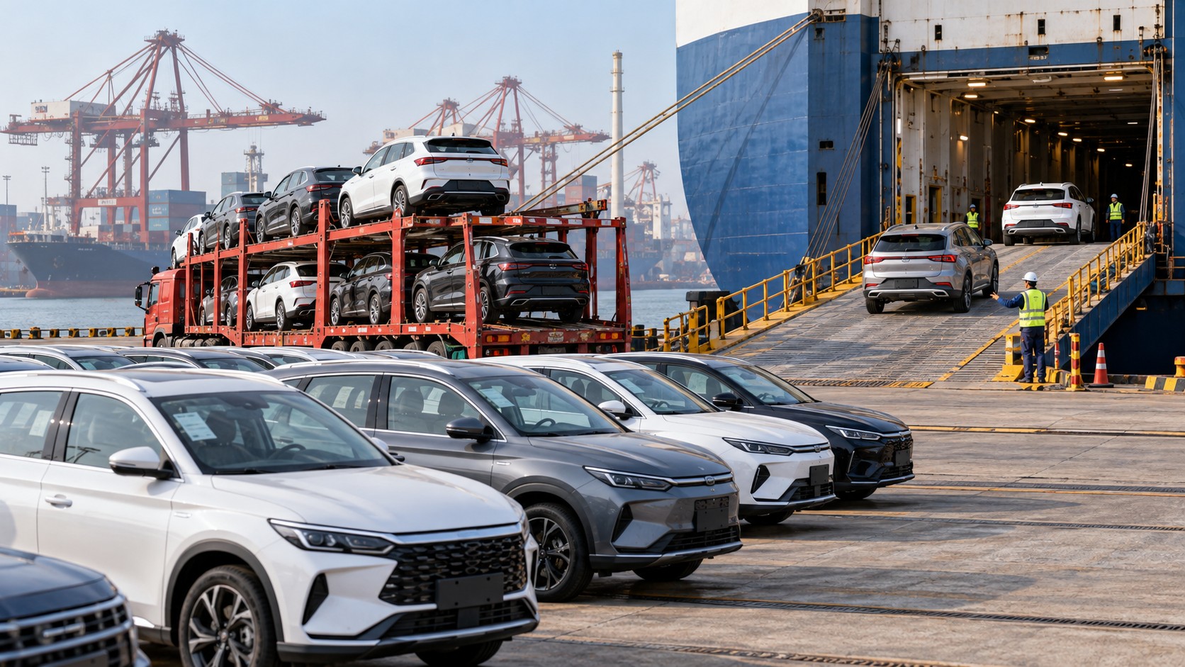 Автомобили на экспортной логистической площадке в Китае