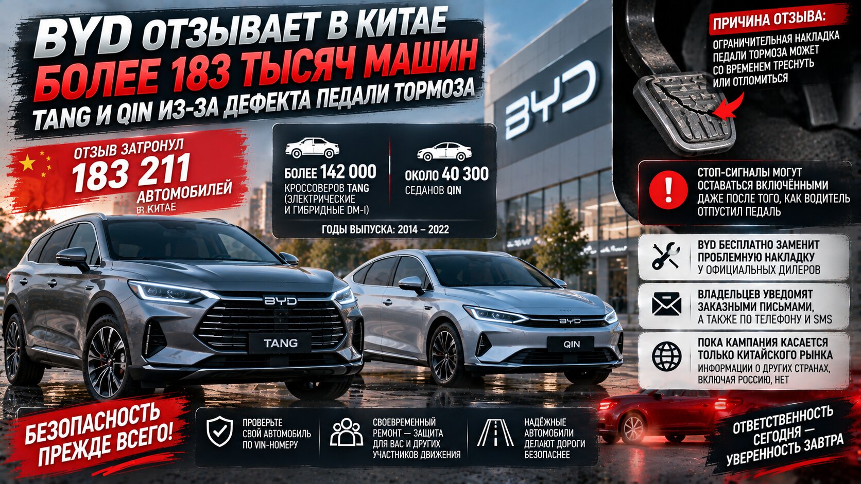 BYD отзывает в Китае более 183 тысяч машин Tang и Qin из-за дефекта педали тормоза