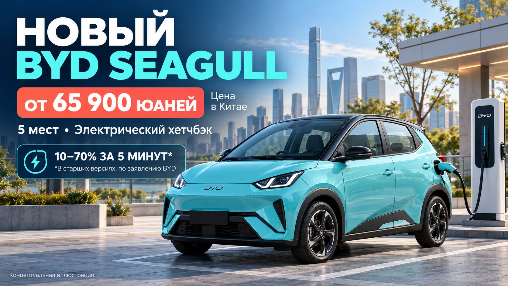 BYD обновила Seagull: цена от 65 900 юаней, пять мест и зарядка за 5 минут в старших версиях