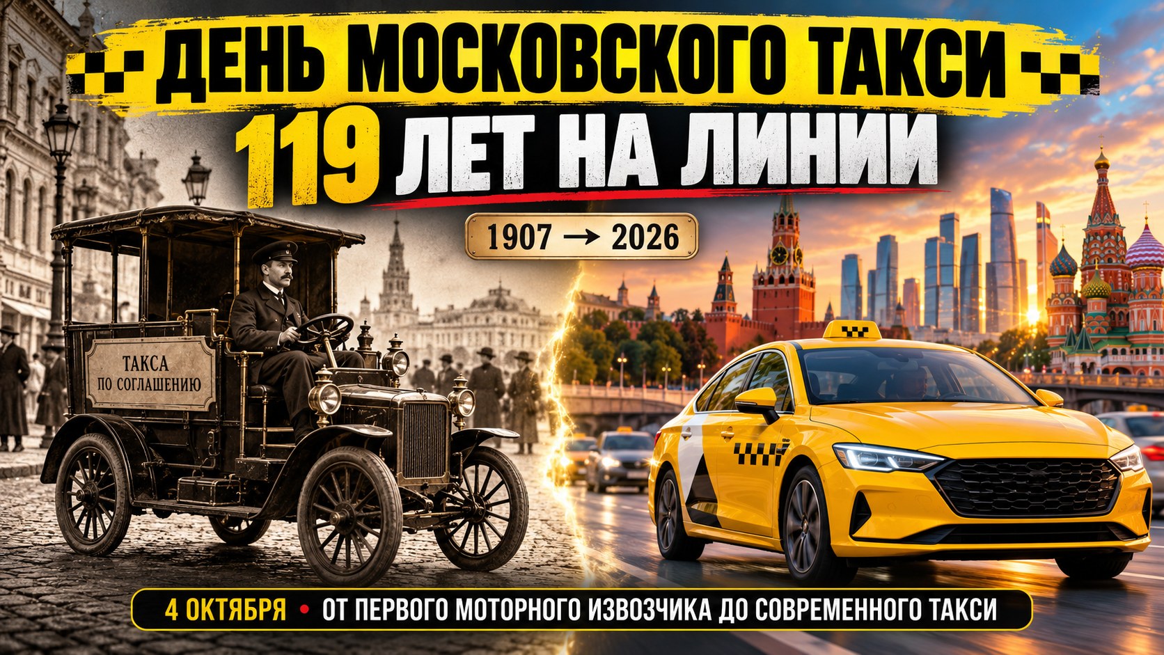 4 октября — День московского такси: 119 лет назад «Ольдсмобиль» с плакатом вышел на линию