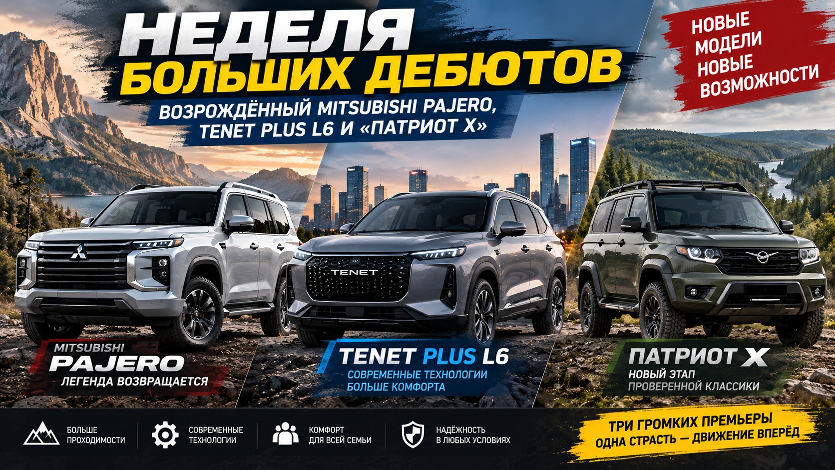 Неделя больших дебютов: возрождённый Mitsubishi Pajero, Tenet Plus L6 и «Патриот Х»