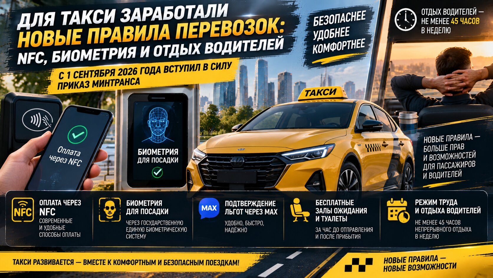 Для такси заработали новые правила перевозок: NFC, биометрия и отдых водителей