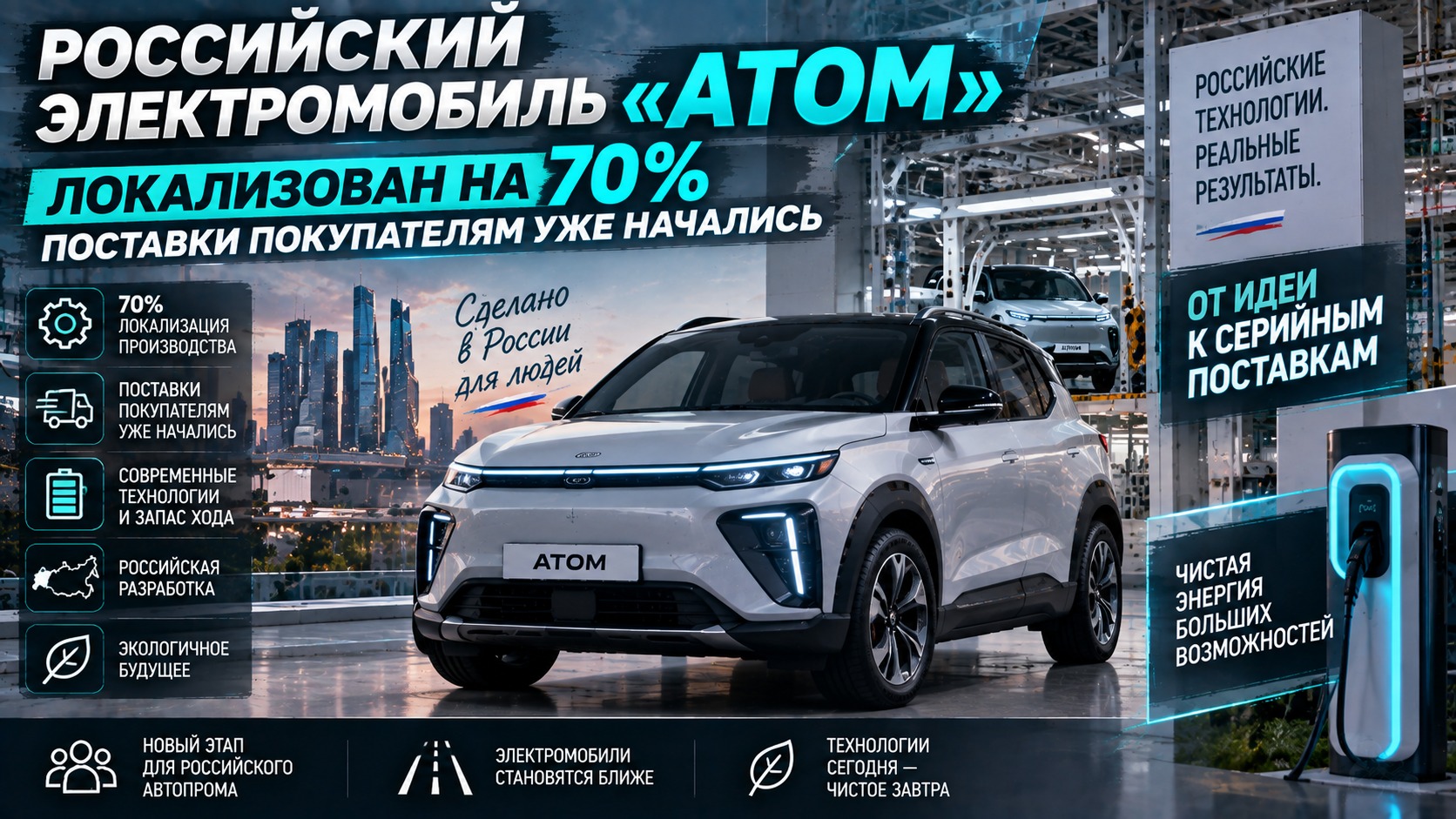 Российский электромобиль «Атом» локализован на 70% — поставки покупателям уже начались