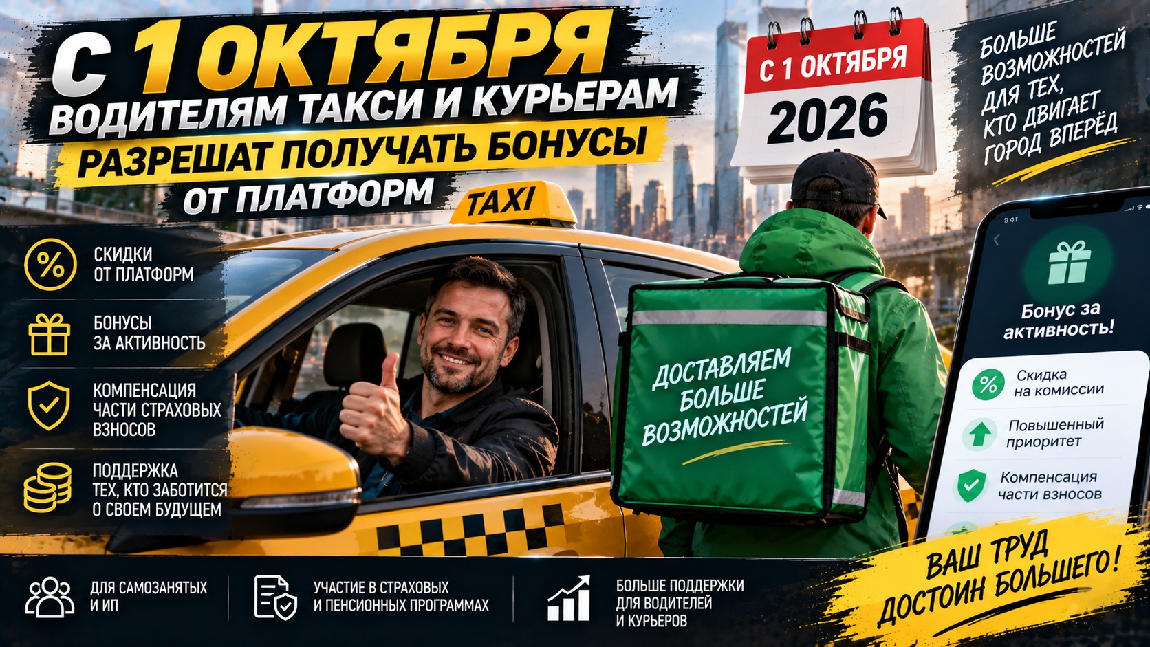 С 1 октября водителям такси и курьерам разрешат получать бонусы от платформ