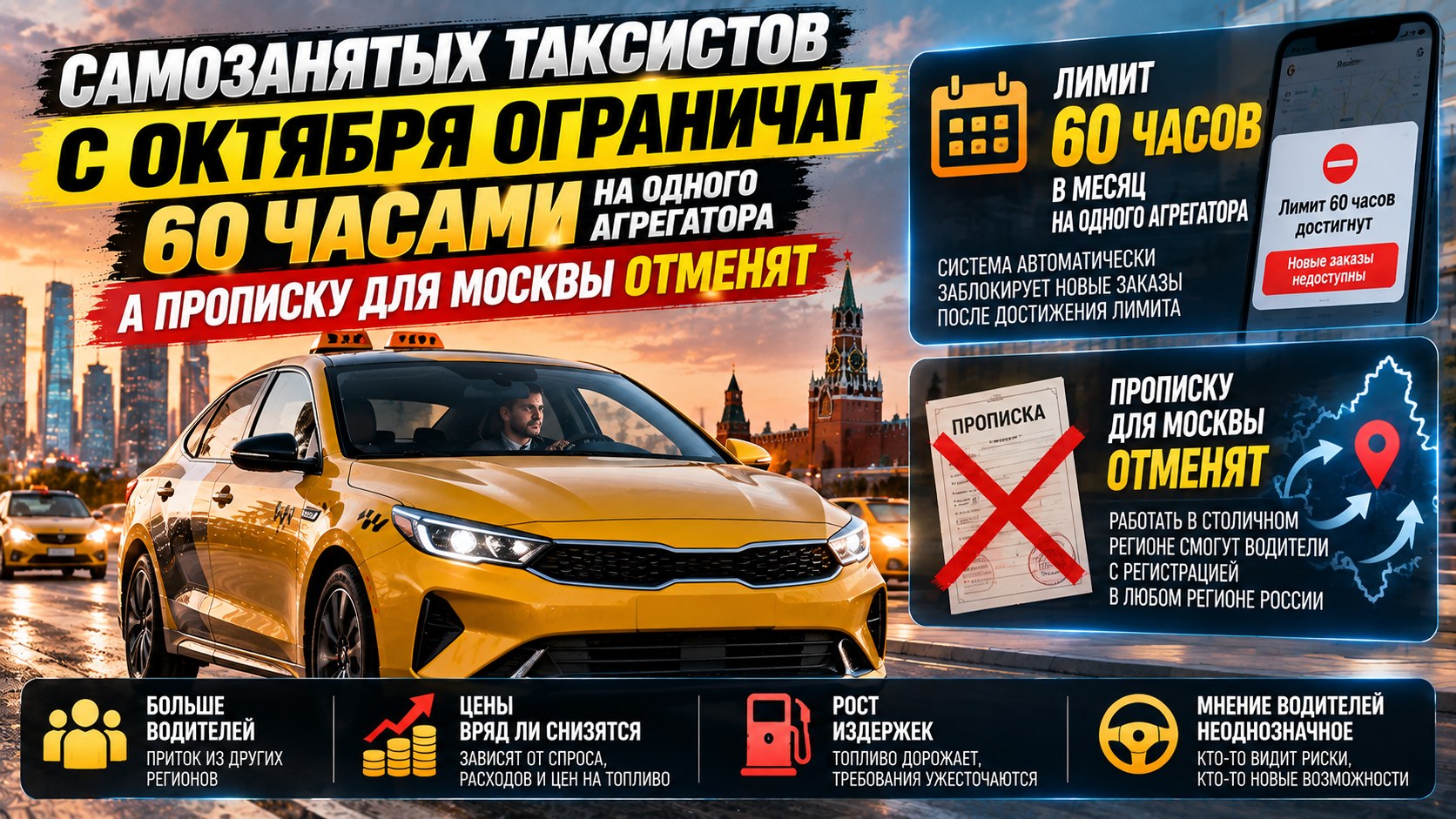 С октября самозанятым таксистам вводят лимит 60 часов на одного заказчика, а прописку для Москвы отменяют