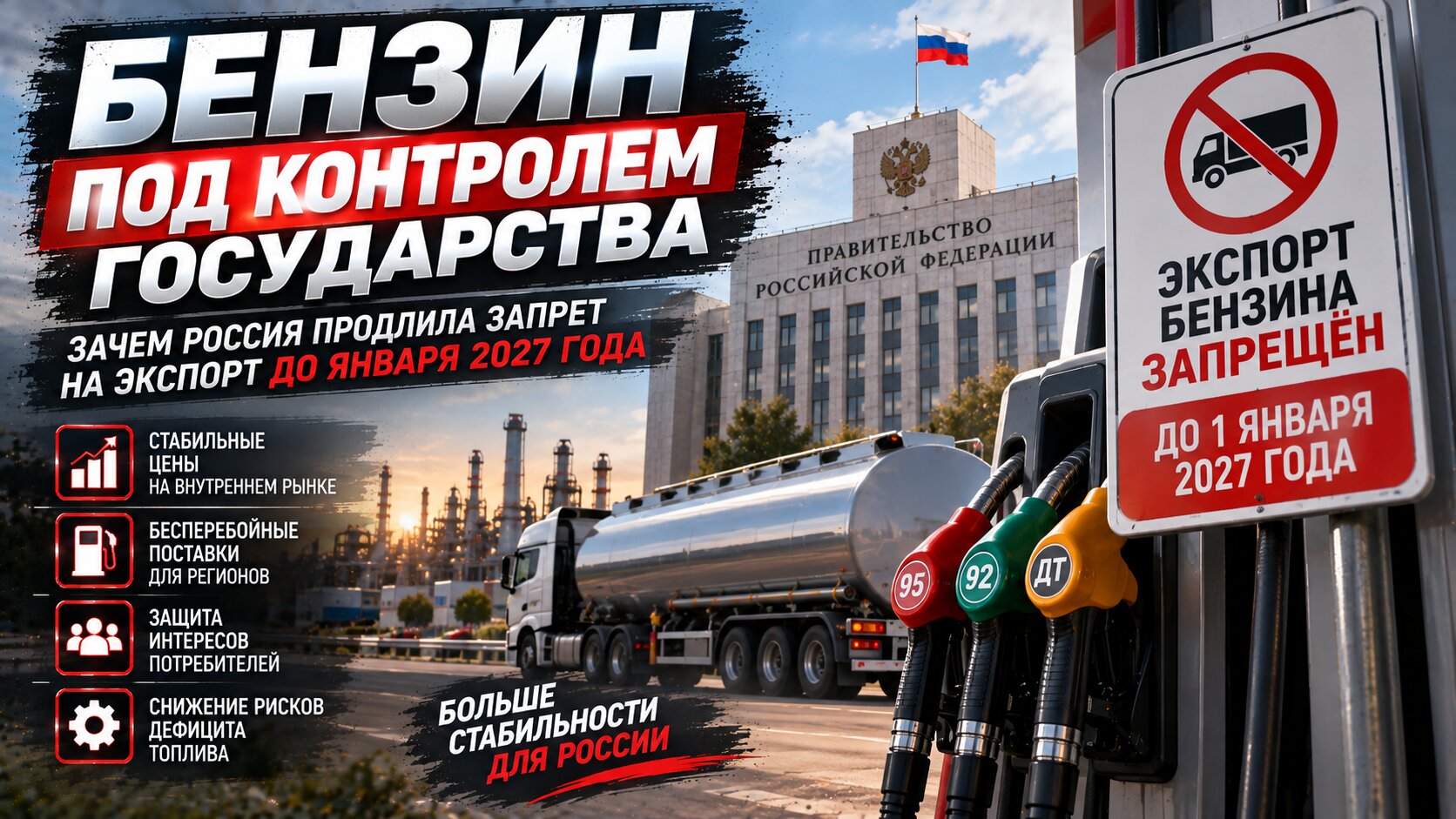Запрет на экспорт бензина в России продлили до конца января 2027 года